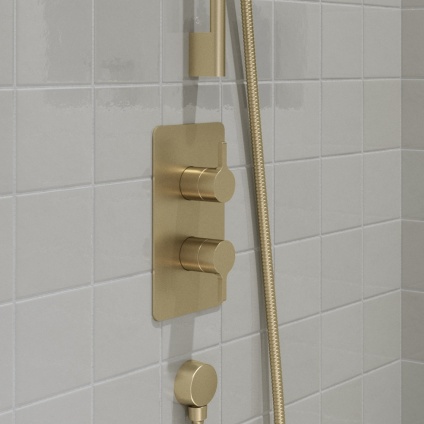 product lifestyle image of Britton Hoxton 2.0 Brushed Brass 1 Outlet 2 Handle Shower Valve without Diverter HOX1000RF